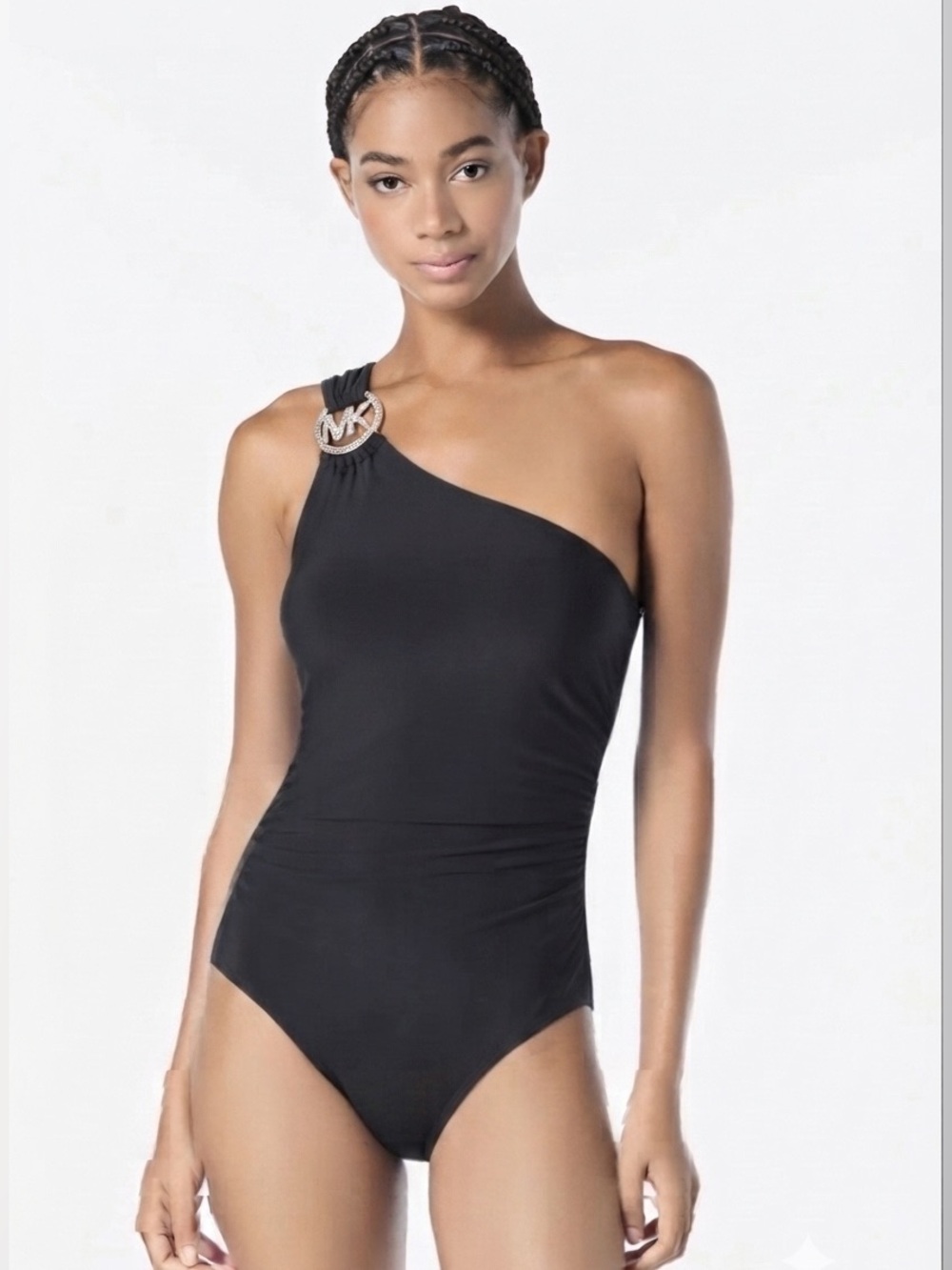 Michael Kors Logo Ring One Shoulder sz 14 Black Silver 1 Piece Swimsuit Stretch